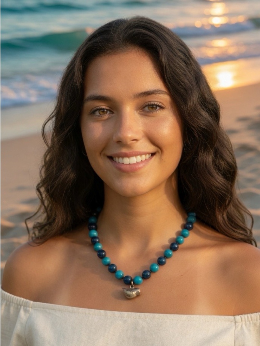 Fossil Teal Blue Agate Bead Necklace Silver Bird Charm Chunky Boho Stone Real